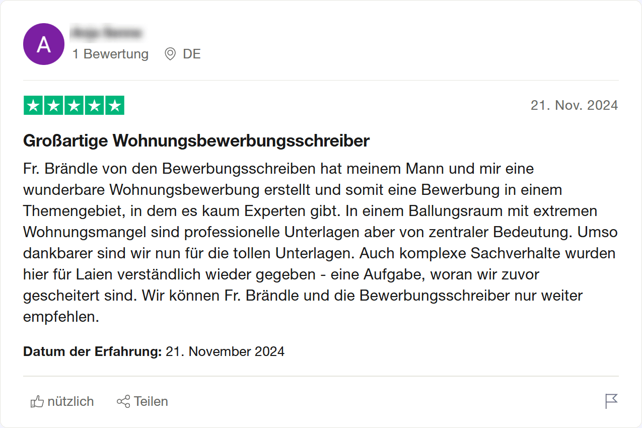 Bewerbungsunterlagen Wohnungsbewerbung erstellen lassen - Bewertungen